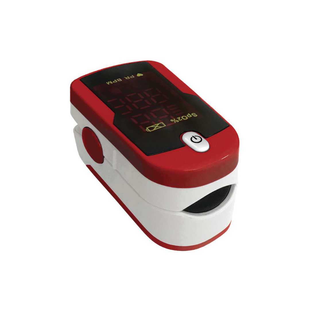 The Prestige Medical Deluxe Fingertip Pulse Oximeter, in red and white, features a digital display for measuring blood oxygen saturation and pulse rate; shown on a white background.